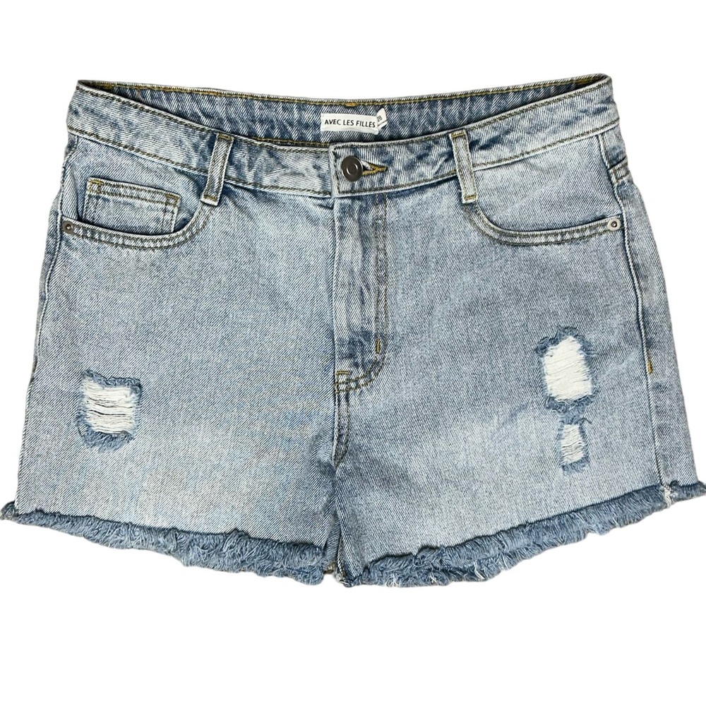 Avec Les Filles Designer Mid Rise Distressed Jean Shorts Light wash Size‎ 28